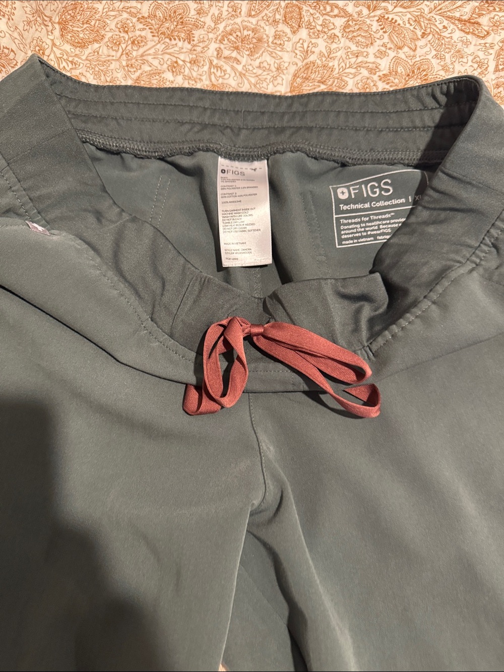 FIGS women Technical Joggers in Bonsai Green with Rust Drawstring